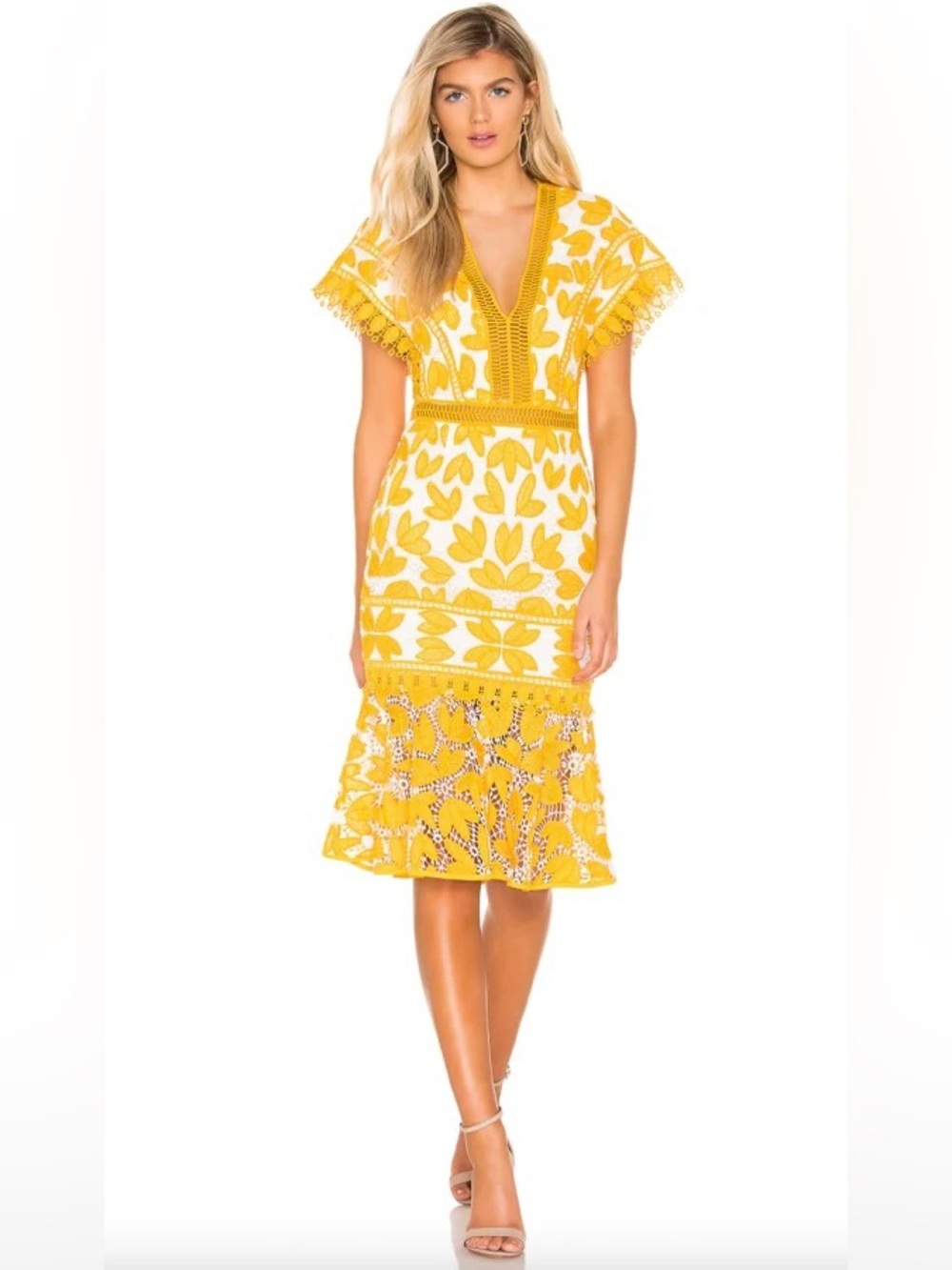 Saylor Kaiya Floral Eyelet Lace Crochet Mustard Yellow White Midi Dress EUC Sz S